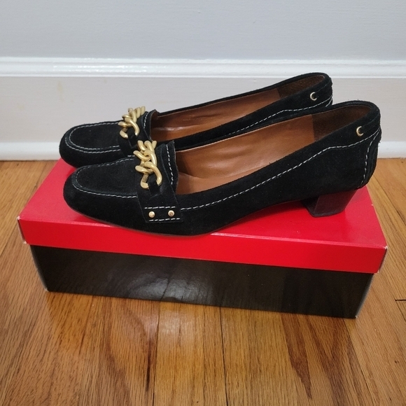 Talbots Shoes - Talbots Piper 2 Women's Suede Heeled Loafers Black Size 7B Gold Chain Stitching‎